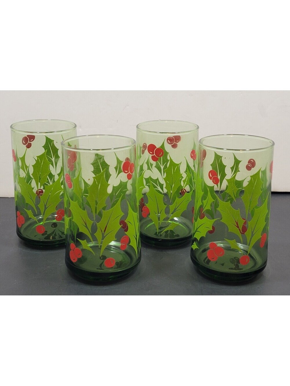 Vtg Anchor Hocking Holly Wreath Green 4.75" Christmas Glasses - Lot of 4 (C)